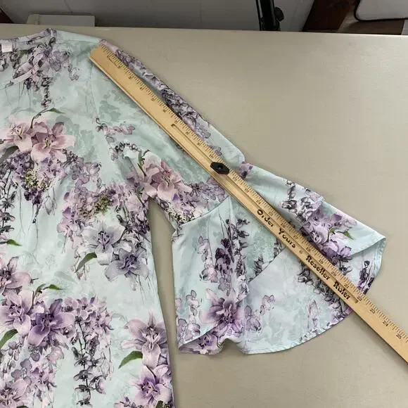 Belle Kim Gravel Top Large Blue Floral Flutter Sleeve Pastel Garden Boho A307916 - Picture 7 of 13